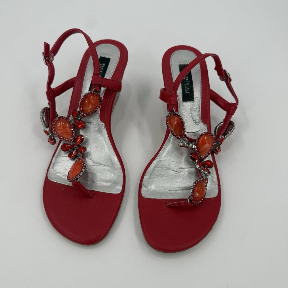 White House Black Market Jayla Women's 8.5 Red Jeweled Wedge Sandals